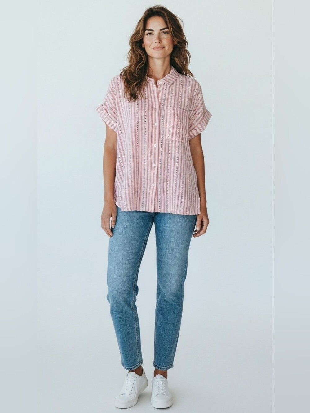 dylan Pink Striped Short-Sleeve Button-Down Cotton Shirt Misses Size Small